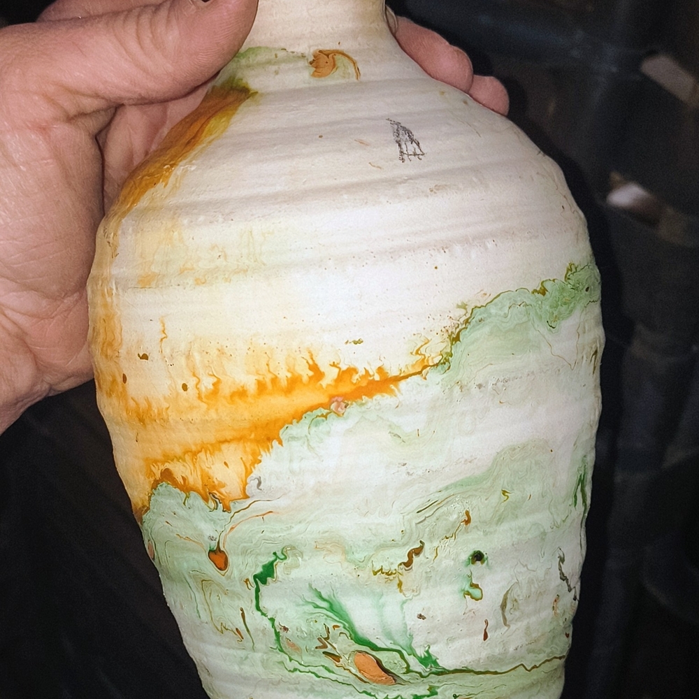 Handmade Swirl Ceramic Vase in Cream, Green & Orange